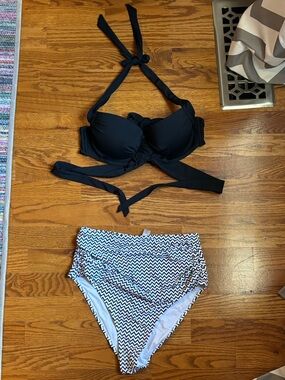 Women's Black Halter Bikini Top with High-Waist Black & White Chevron Bottom